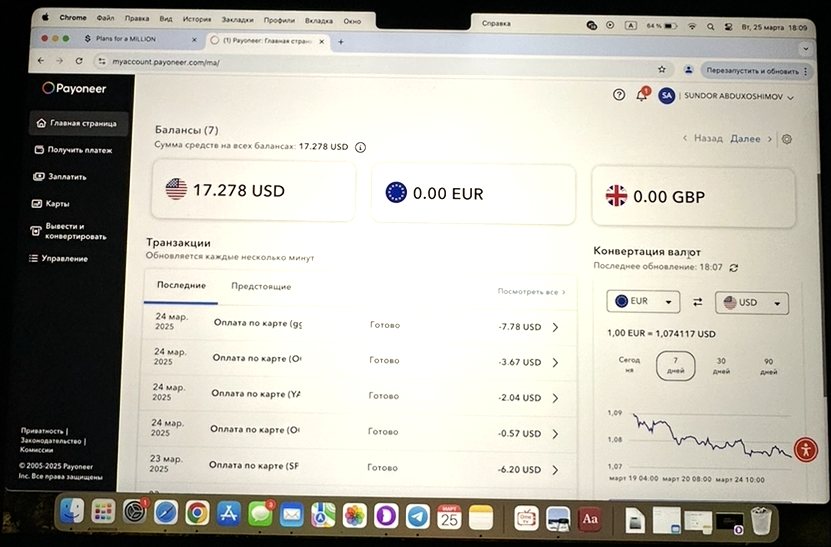 Payoneer kabineti: dollar, yevro va funt balanslari va oxirgi tranzaksiyalar